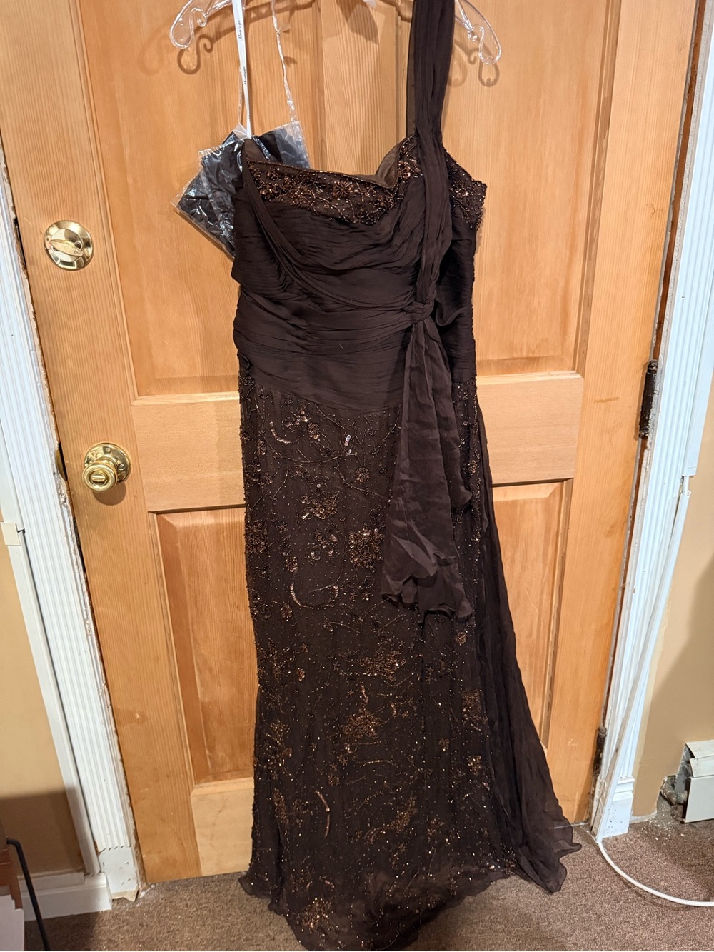 Montage Evening One-Shoulder Brown Beaded Gown, MOB size 12